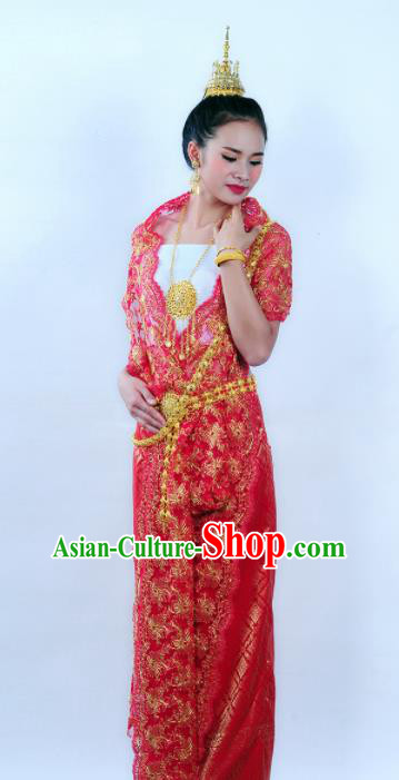 Asian Traditional Thailand Costumes National Handmade Embroidered Red Dress for Women Asian Traditional Thailand Costumes National Handmade Embroidered Red Dress for Women
