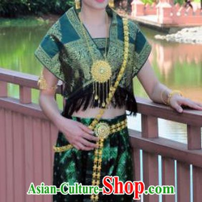 Asian Traditional Thailand Costumes National Handmade Embroidered Deep Green Dress for Women