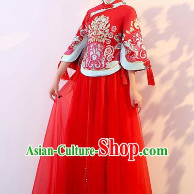 Traditional Chinese Wedding Costume Ancient Bride Embroidered Red Xiuhe Suit Clothing for Women