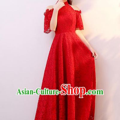 Professional Modern Dance Costume Chorus Group Clothing Bride Toast Red Lace Full Dress for Women