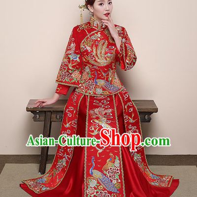 Traditional Chinese Wedding Costume Ancient Bride Delicate Embroidered Red Xiuhe Suit Clothing for Women