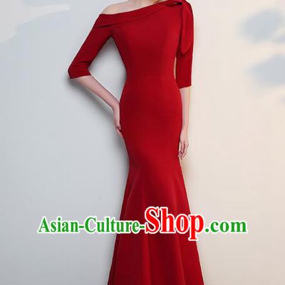 Professional Modern Dance Costume Chorus Group Clothing Bride Wine Red Fishtail Full Dress for Women