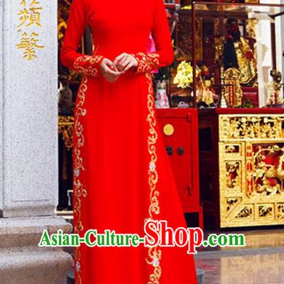 Asian Vietnam Costume Vietnamese Trational Dress Red Ao Dai Cheongsam Clothing for Women