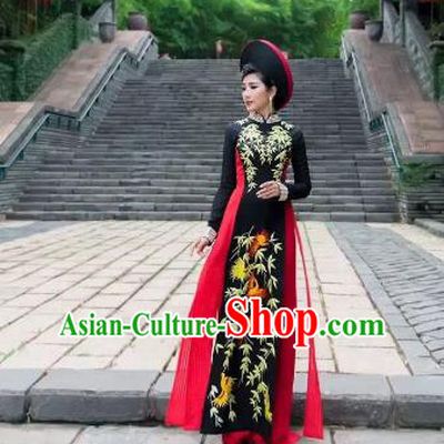 Asian Vietnam Costume Vietnamese Trational Dress Black Ao Dai Cheongsam Clothing for Women