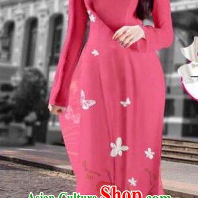 Asian Vietnam Costume Vietnamese Trational Dress Printing Pink Ao Dai Cheongsam Clothing for Women