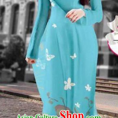 Asian Vietnam Costume Vietnamese Trational Dress Printing Light Blue Ao Dai Cheongsam Clothing for Women