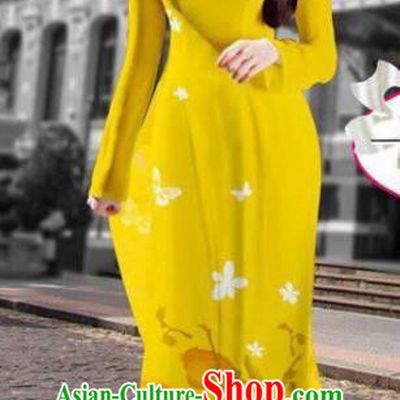 Asian Vietnam Costume Vietnamese Trational Dress Printing Yellow Ao Dai Cheongsam Clothing for Women