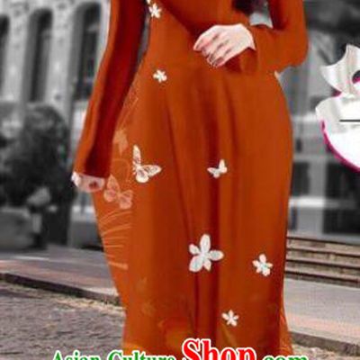 Asian Vietnam Costume Vietnamese Trational Dress Printing Brown Ao Dai Cheongsam Clothing for Women