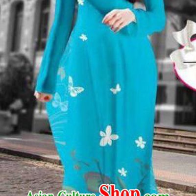 Asian Vietnam Costume Vietnamese Trational Dress Printing Blue Ao Dai Cheongsam Clothing for Women
