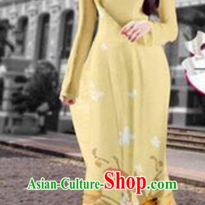 Asian Vietnam Costume Vietnamese Trational Dress Printing Light Yellow Ao Dai Cheongsam Clothing for Women