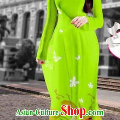 Asian Vietnam Costume Vietnamese Trational Dress Printing Grass Green Ao Dai Cheongsam Clothing for Women