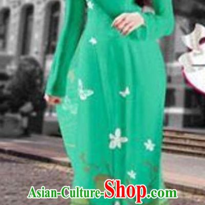 Asian Vietnam Costume Vietnamese Trational Dress Printing Green Ao Dai Cheongsam Clothing for Women