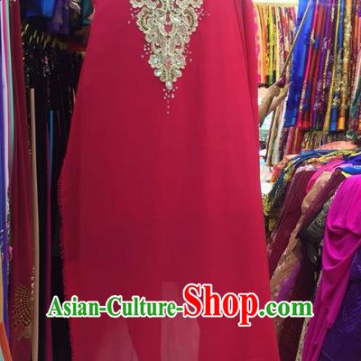 Asian Vietnam Costume Vietnamese Trational Dress Rosy Embroidered Ao Dai Cheongsam Clothing for Women