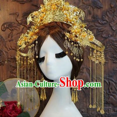 Chinese Handmade Classical Hairpins Hair Accessories Ancient Bride Xiuhe Suit Headwear Golden Phoenix Coronet for Women