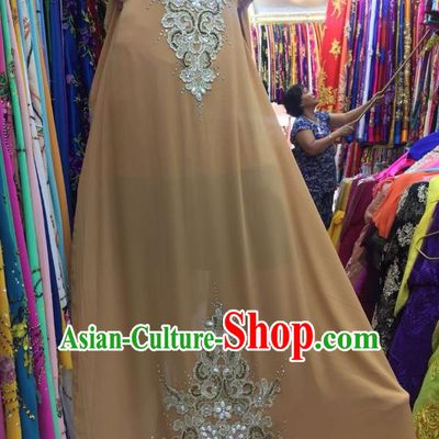 Asian Vietnam Costume Vietnamese Trational Dress Khaki Embroidered Ao Dai Cheongsam Clothing for Women
