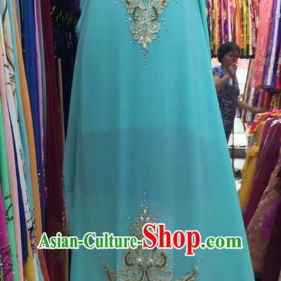 Asian Vietnam Costume Vietnamese Trational Dress Light Blue Embroidered Ao Dai Cheongsam Clothing for Women