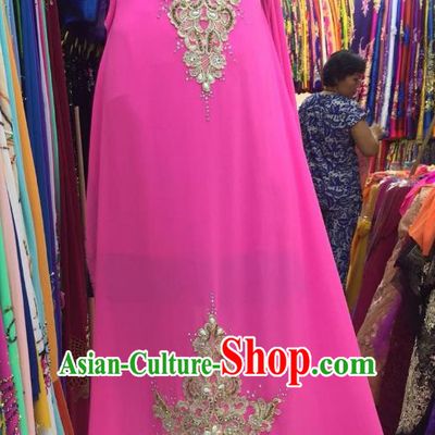 Asian Vietnam Costume Vietnamese Trational Dress Pink Embroidered Ao Dai Cheongsam Clothing for Women