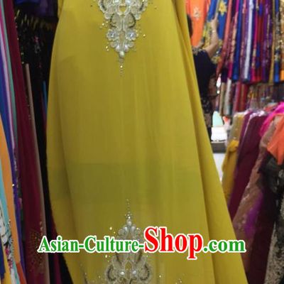 Asian Vietnam Costume Vietnamese Trational Dress Yellow Embroidered Ao Dai Cheongsam Clothing for Women
