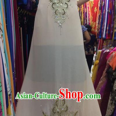 Asian Vietnam Costume Vietnamese Trational Dress Champagne Embroidered Ao Dai Cheongsam Clothing for Women