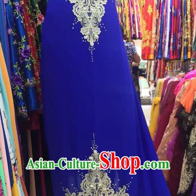 Asian Vietnam Costume Vietnamese Trational Dress Royalblue Embroidered Ao Dai Cheongsam Clothing for Women