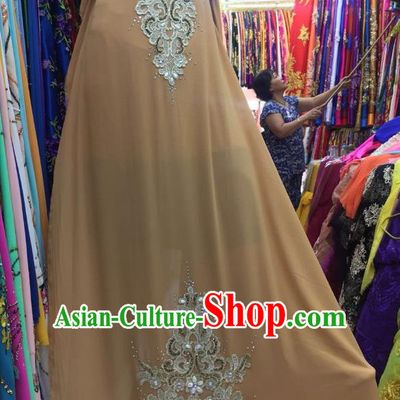 Asian Vietnam Costume Vietnamese Trational Dress Khaki Embroidered Ao Dai Cheongsam Clothing for Women