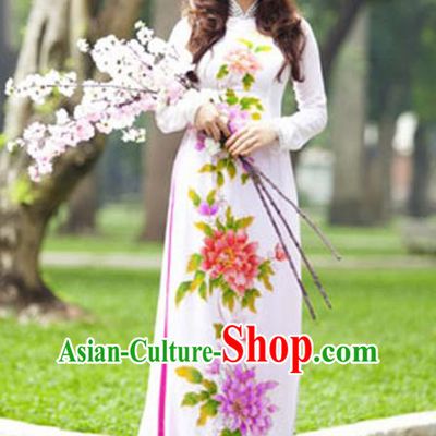 Asian Vietnam Costume Vietnamese Trational Dress Printing Peony White Ao Dai Cheongsam Clothing for Women