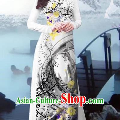 Asian Vietnam Costume Vietnamese Trational Dress Printing White Ao Dai Cheongsam Clothing for Women
