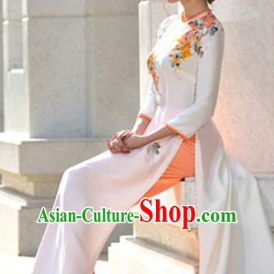Asian Vietnam Costume Vietnamese Trational Dress Printing Flowers White Ao Dai Cheongsam Clothing for Women