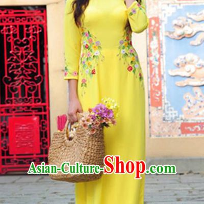 Asian Vietnam Costume Vietnamese Trational Dress Printing Flowers Yellow Ao Dai Cheongsam Clothing for Women