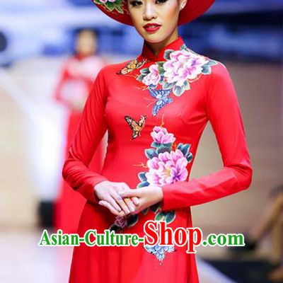 Asian Vietnam Wedding Costume Vietnamese Trational Dress Printing Peony Red Ao Dai Cheongsam Clothing for Women