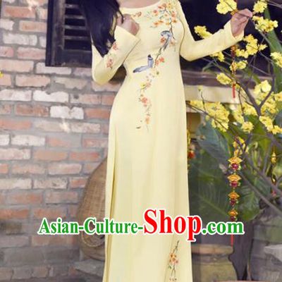 Asian Vietnam Wedding Costume Vietnamese Trational Dress Printing Yellow Ao Dai Cheongsam Clothing for Women
