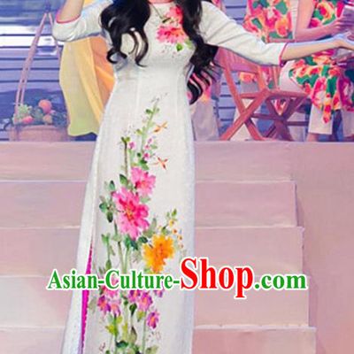 Asian Vietnam Costume Vietnamese Trational Dress Printing Flowers White Ao Dai Cheongsam Clothing for Women