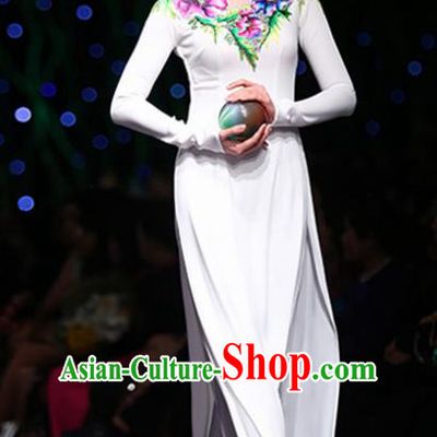 Asian Vietnam Costume Vietnamese Trational Dress Printing Flowers White Ao Dai Cheongsam Clothing for Women