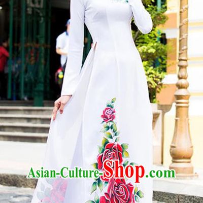 Asian Vietnam Costume Vietnamese Trational Dress Printing Rose White Ao Dai Cheongsam Clothing for Women