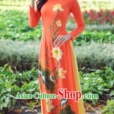 Asian Vietnam Costume Vietnamese Trational Dress Printing Lotus Orange Ao Dai Cheongsam Clothing for Women