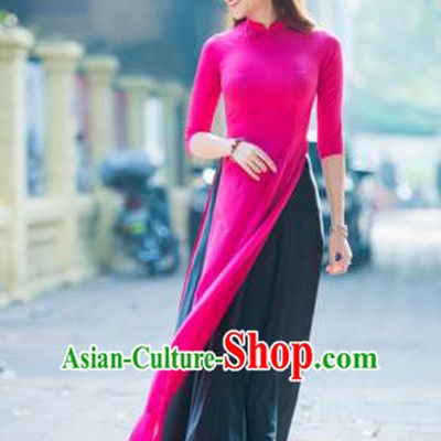 Asian Vietnam Palace Costume Vietnamese Trational Dress Rosy Ao Dai Cheongsam Clothing for Women