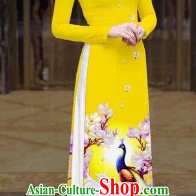 Asian Vietnam Palace Costume Vietnamese Trational Dress Printing Peacock Yellow Ao Dai Cheongsam Clothing for Women