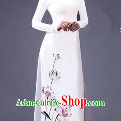 Asian Vietnam Palace Costume Vietnamese Trational Dress Ink Painting Lotus White Ao Dai Cheongsam Clothing for Women