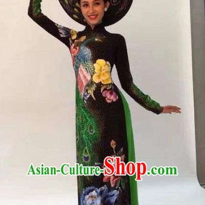 Asian Vietnam Palace Costume Vietnamese Trational Dress Ink Painting Lotus Black Ao Dai Cheongsam Clothing for Women