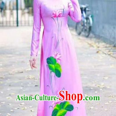 Asian Vietnam Palace Costume Vietnamese Trational Dress Ink Painting Lotus Pink Ao Dai Cheongsam Clothing for Women