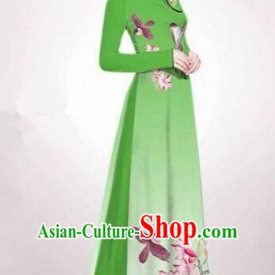 Asian Vietnam Palace Costume Vietnamese Trational Dress Painting Flowers Bird Green Ao Dai Cheongsam Clothing for Women