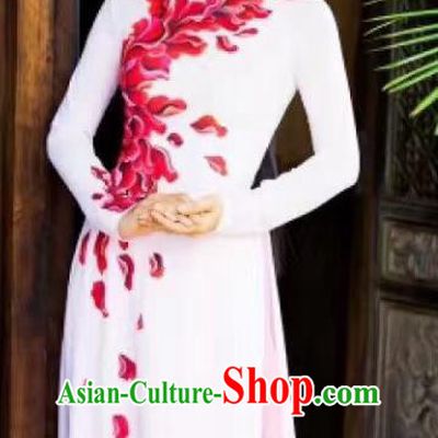 Asian Vietnam Palace Costume Vietnamese Trational Dress Painting White Ao Dai Cheongsam Clothing for Women