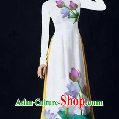 Asian Vietnam Palace Costume Vietnamese Trational Dress Painting Lotus White Ao Dai Cheongsam Clothing for Women