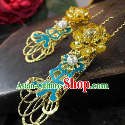 Chinese Handmade Classical Golden Lotus Hairpins Hair Accessories Ancient Bride Headwear Hair Clip for Women