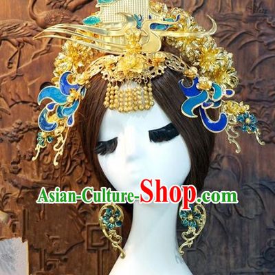 Chinese Handmade Classical Blueing Phoenix Coronet Tassel Hairpins Hair Accessories Ancient Bride Headwear for Women