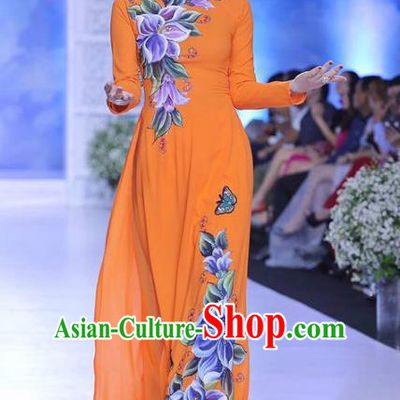 Asian Vietnam Palace Wedding Costume Vietnamese Trational Dress Printing Flowers Orange Ao Dai Cheongsam Clothing for Women