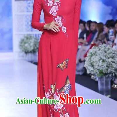 Asian Vietnam Palace Wedding Costume Vietnamese Trational Dress Printing Butterfly Flowers Ao Dai Cheongsam Clothing for Women