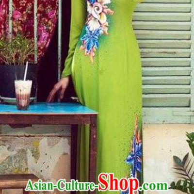Asian Vietnam Palace Wedding Costume Vietnamese Trational Green Dress Printing Flowers Ao Dai Cheongsam Clothing for Women