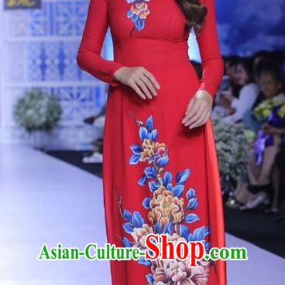 Asian Vietnam Palace Wedding Costume Vietnamese Trational Dress Printing Peony Red Ao Dai Cheongsam Clothing for Women