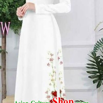 Asian Vietnam Palace Costume Vietnamese Trational Dress Printing White Ao Dai Cheongsam Clothing for Women